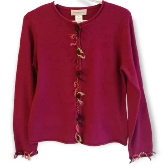 Susan Bristol Y2K Vintage Hand Embroidered Pink Button Up Fringe Cardigan Medium - Picture 12 of 12